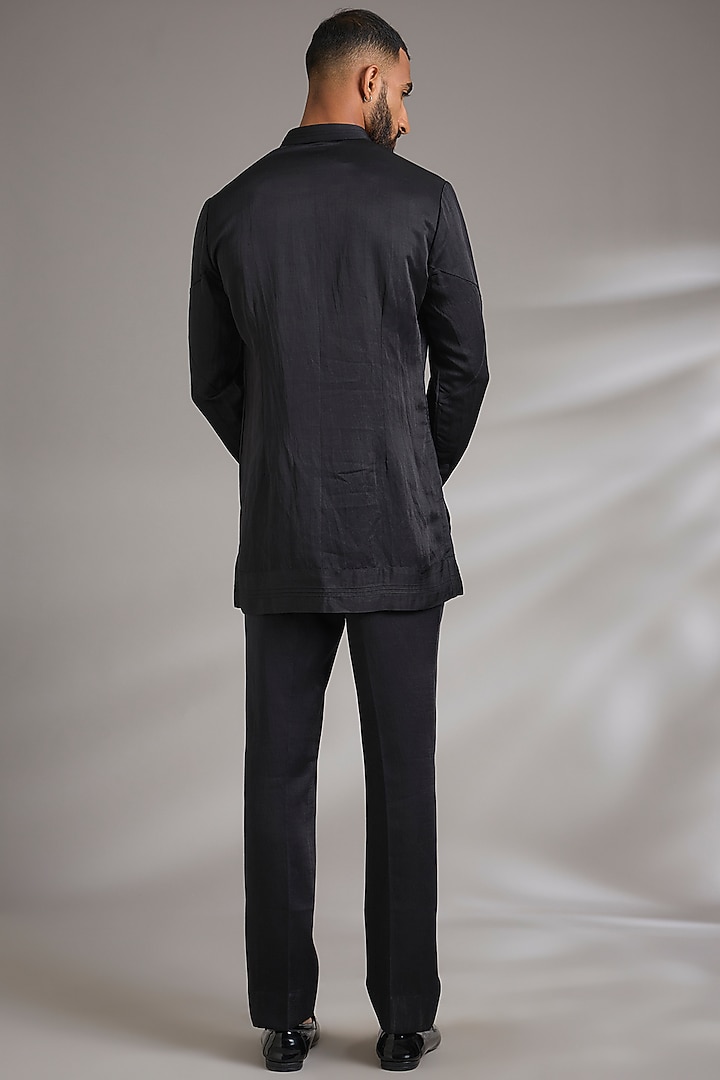 Black Linen Silk Groom Indowestern Set by Jatin Malik at Pernia's Pop Up Shop
