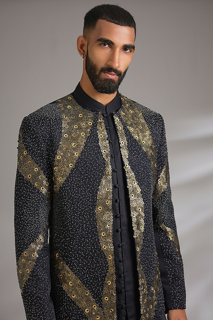 Black Linen Silk Groom Indowestern Set by Jatin Malik at Pernia's Pop Up Shop