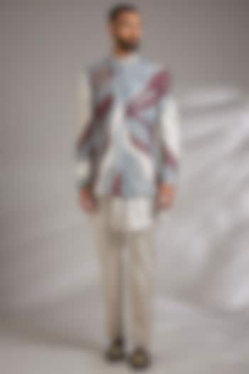 Silver Linen Silk Groom Indowestern Set by Jatin Malik at Pernia's Pop Up Shop