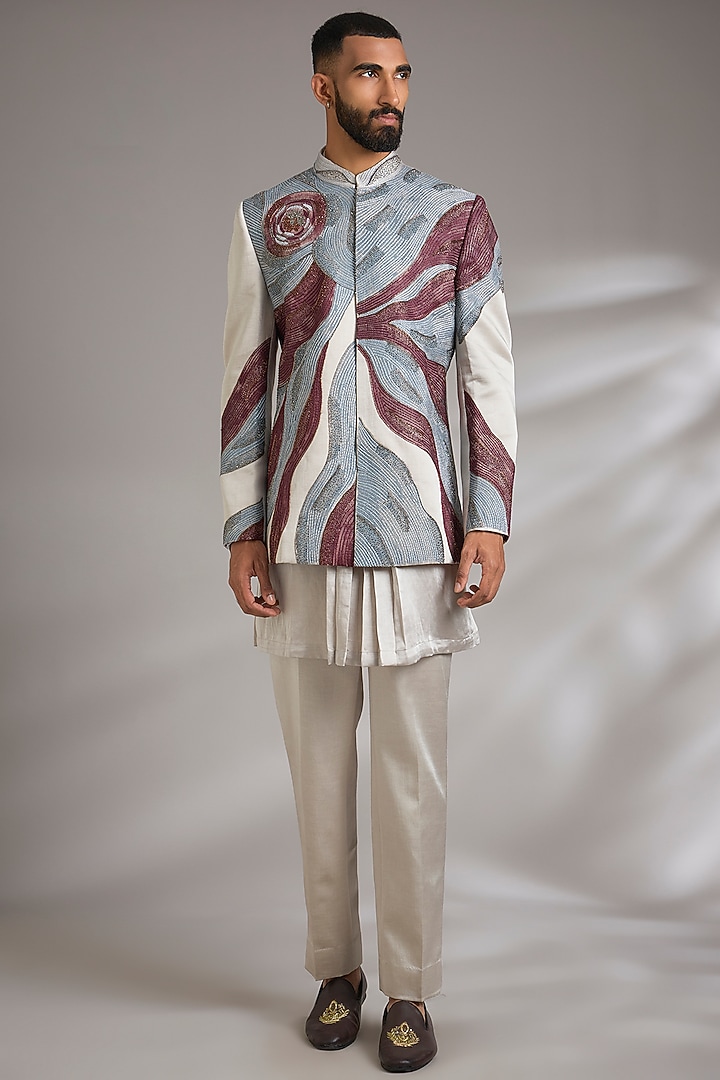 Silver Linen Silk Groom Indowestern Set by Jatin Malik at Pernia's Pop Up Shop