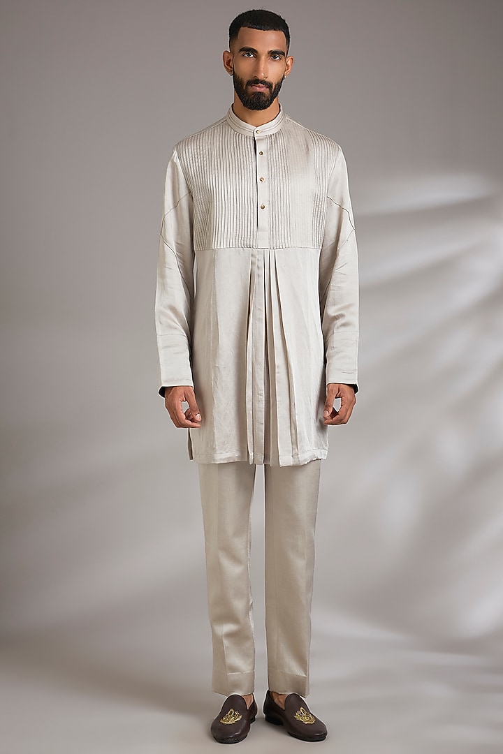 Silver Linen Silk Groom Indowestern Set by Jatin Malik at Pernia's Pop Up Shop