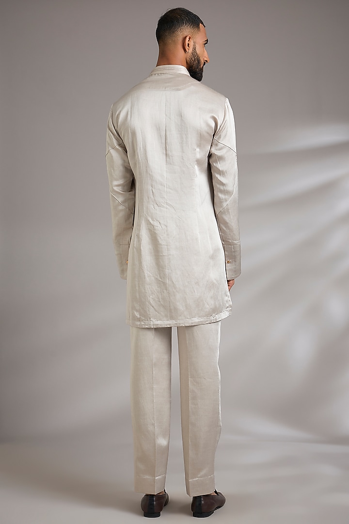 Silver Linen Silk Groom Indowestern Set by Jatin Malik at Pernia's Pop Up Shop