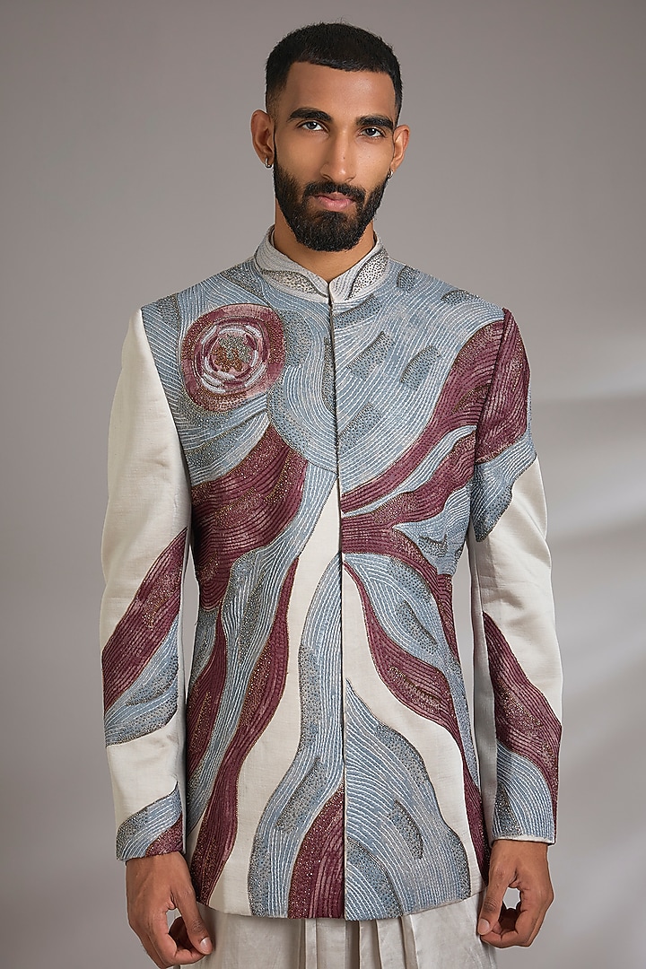 Silver Linen Silk Groom Indowestern Set by Jatin Malik at Pernia's Pop Up Shop