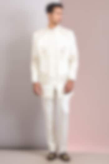 Ivory Linen Silk Groom Indowestern Set by Jatin Malik at Pernia's Pop Up Shop