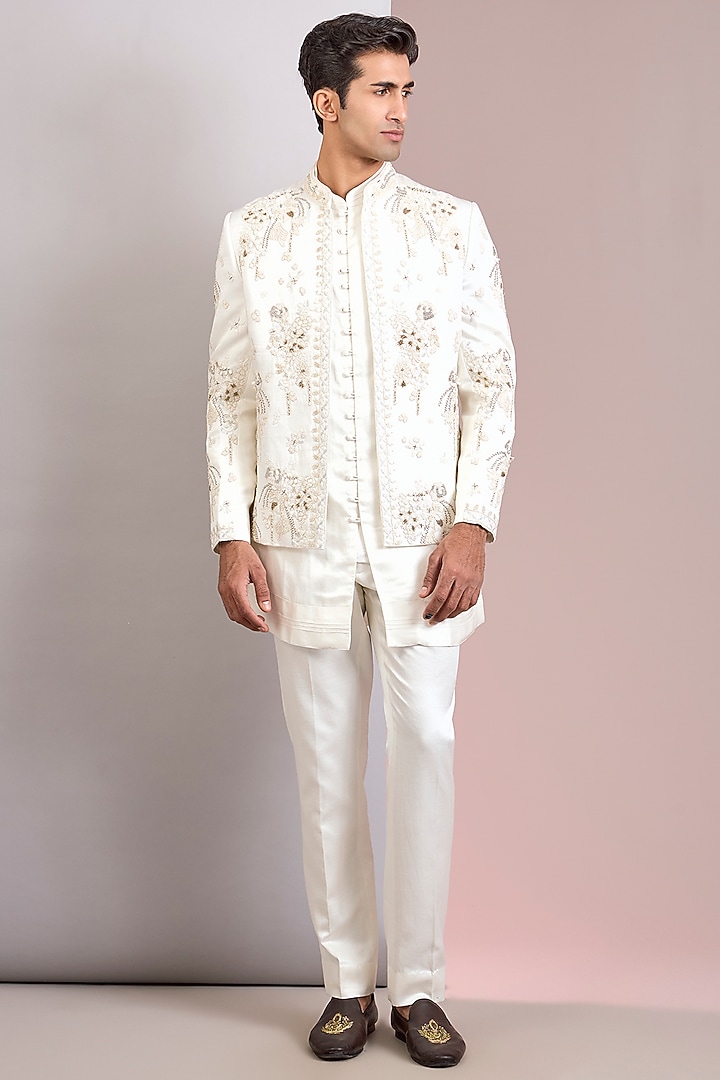 Ivory Linen Silk Groom Indowestern Set by Jatin Malik at Pernia's Pop Up Shop