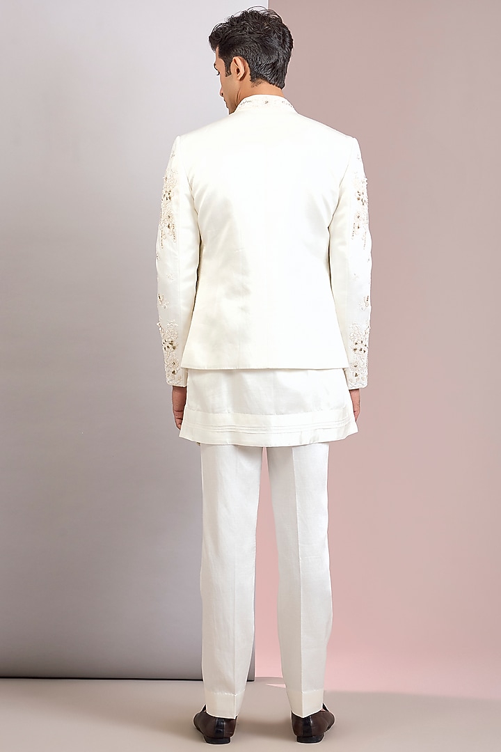 Ivory Linen Silk Groom Indowestern Set by Jatin Malik at Pernia's Pop Up Shop
