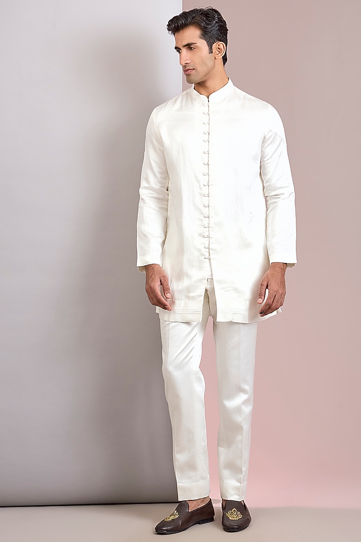 Ivory Linen Silk Groom Indowestern Set by Jatin Malik at Pernia's Pop Up Shop