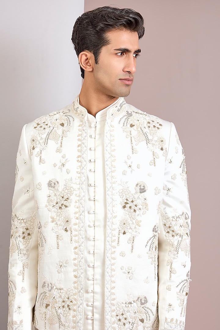 Ivory Linen Silk Groom Indowestern Set by Jatin Malik at Pernia's Pop Up Shop