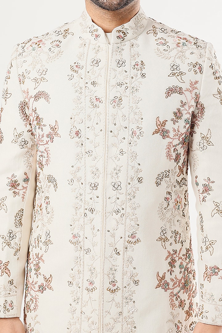 Ivory Embroidered Groom Sherwani Set by Jatin Malik at Pernia's Pop Up Shop