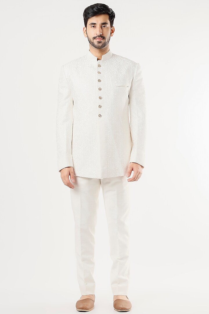 Ivory Silk Bandhgala Jacket Set by Jatin Malik