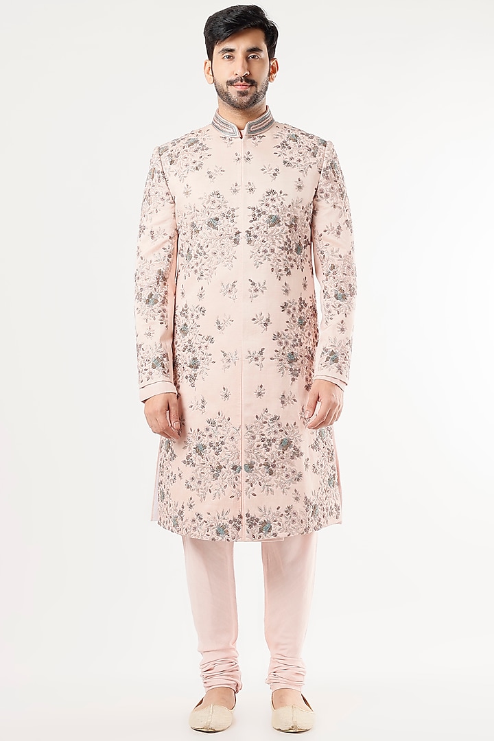 Baby Pink Embroidered Sherwani Set by Jatin Malik