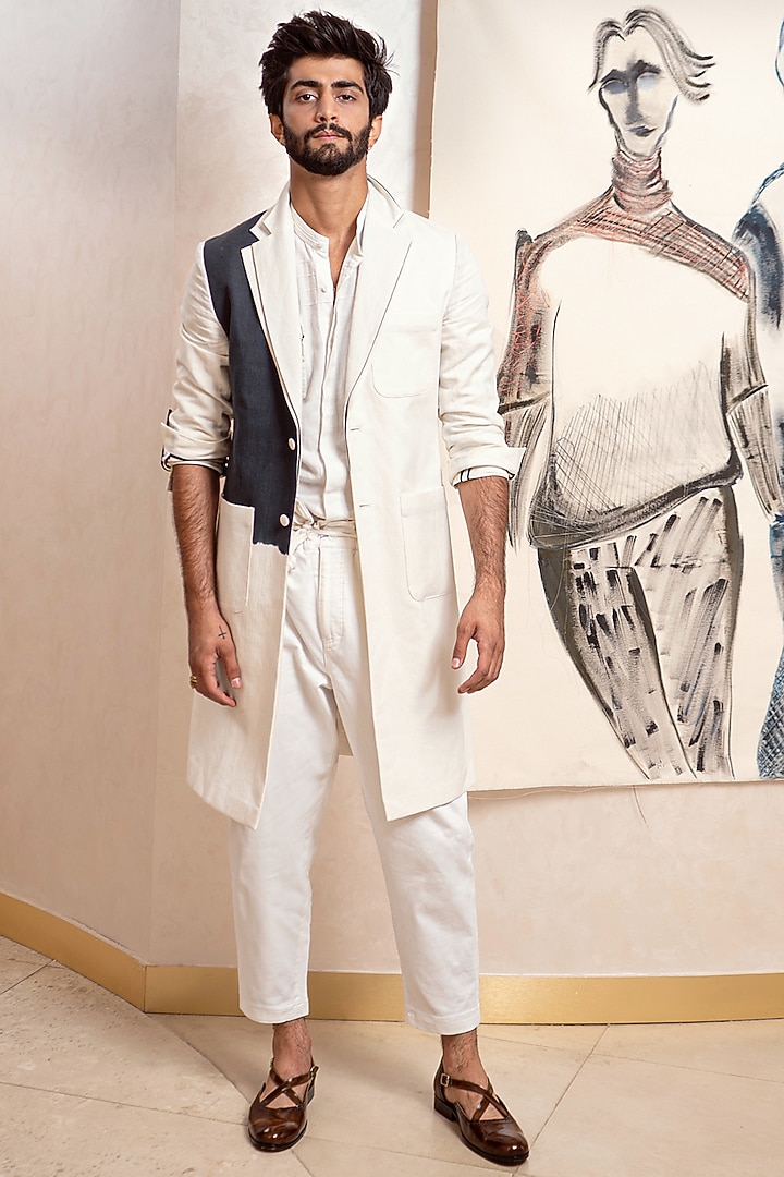 Chalk White Cotton Linen Overcoat by Jatin Malik at Pernia's Pop Up Shop