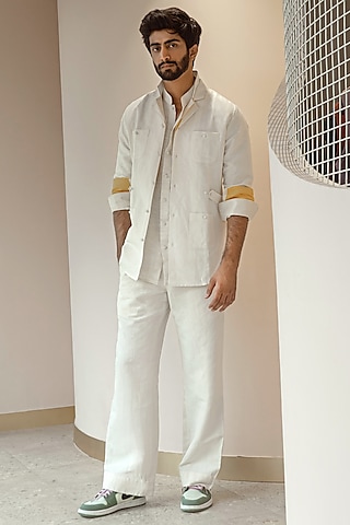 White Cotton Line Pant Set With Overshirt by Jatin Malik