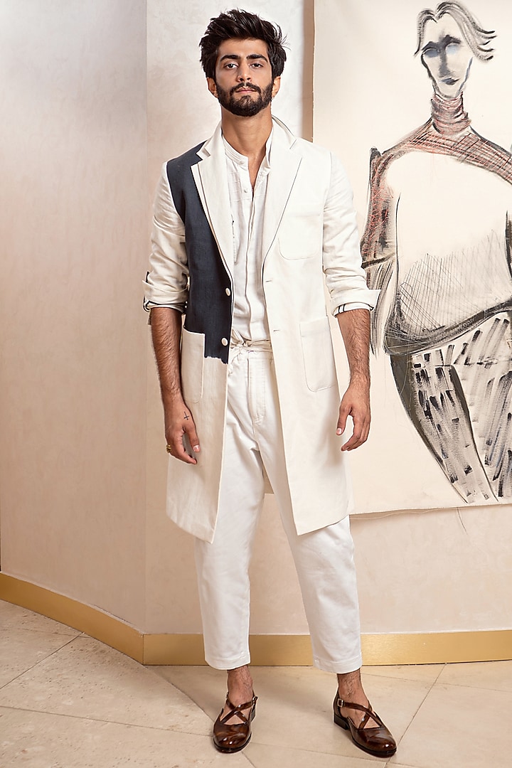 White Cotton Linen Overcoat Set by Jatin Malik