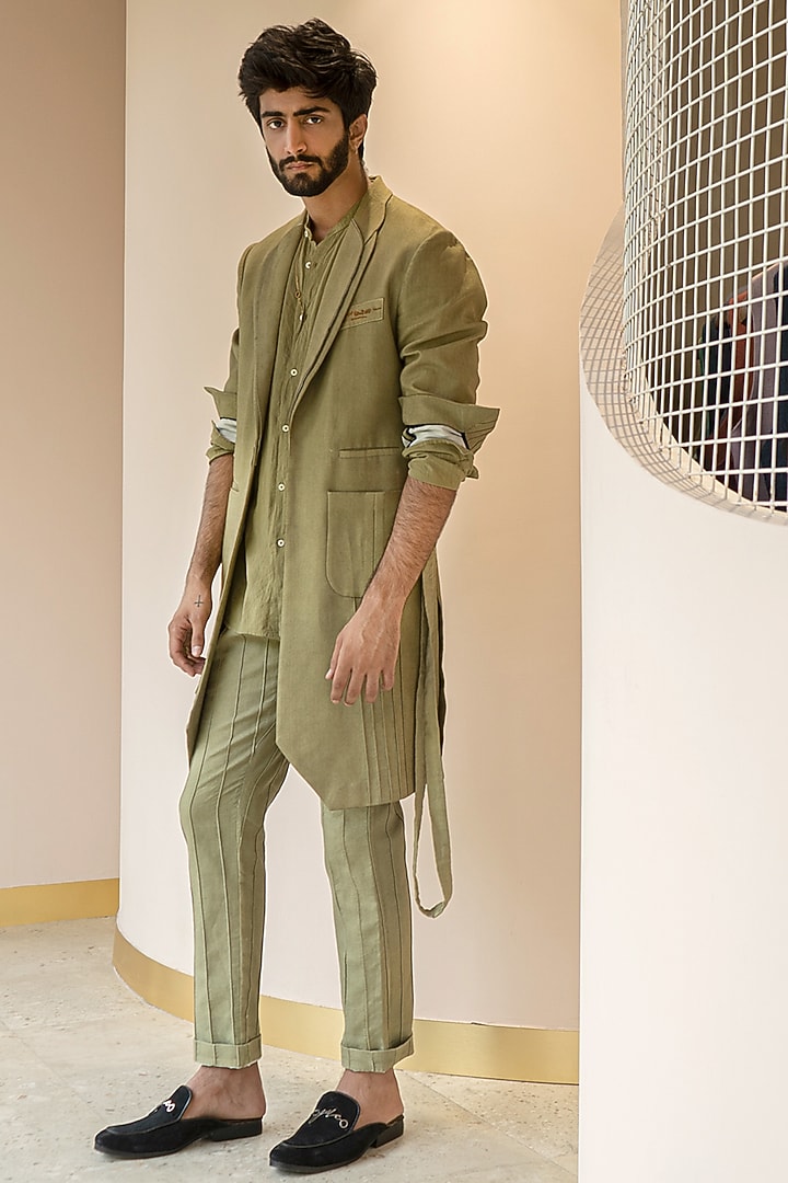 Sage Green Cotton Linen Jacket Set by Jatin Malik at Pernia's Pop Up Shop