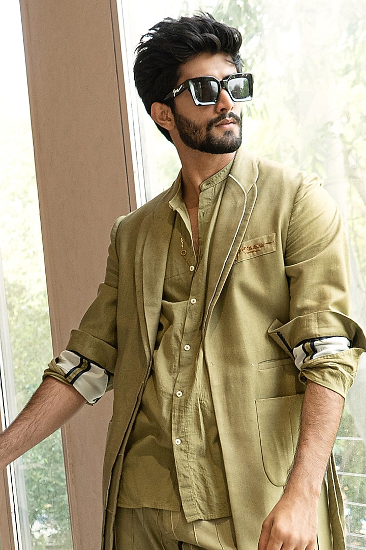 Sage Green Cotton Linen Jacket Set by Jatin Malik at Pernia's Pop Up Shop