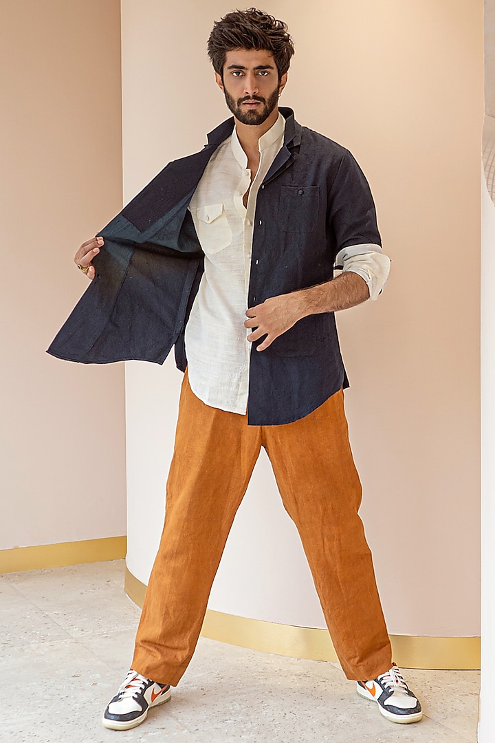 Mustard Cotton Linen Pant Set With Overshirt by Jatin Malik