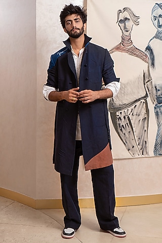 Midnight Blue Cotton Linen Overcoat Set by Jatin Malik