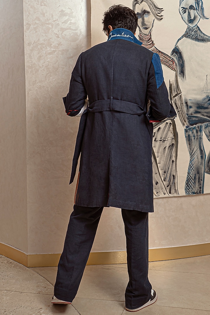 Midnight Blue Cotton Linen Overcoat Set by Jatin Malik at Pernia's Pop Up Shop