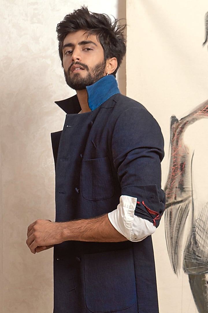 Midnight Blue Cotton Linen Overcoat Set by Jatin Malik at Pernia's Pop Up Shop