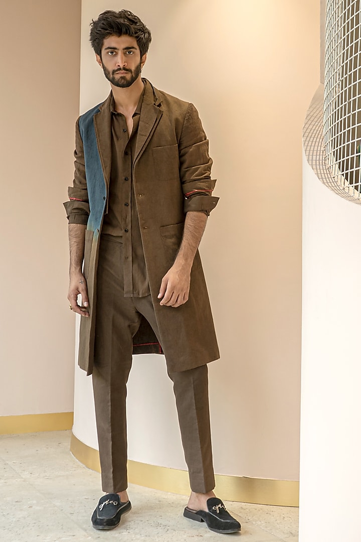 Brown Cotton Linen Overcoat Set by Jatin Malik