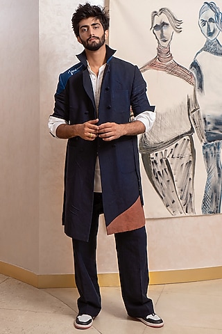 Midnight Blue Cotton Linen Overcoat by Jatin Malik