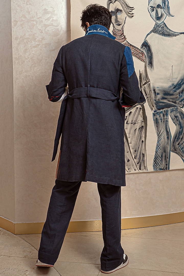 Midnight Blue Cotton Linen Overcoat by Jatin Malik at Pernia's Pop Up Shop