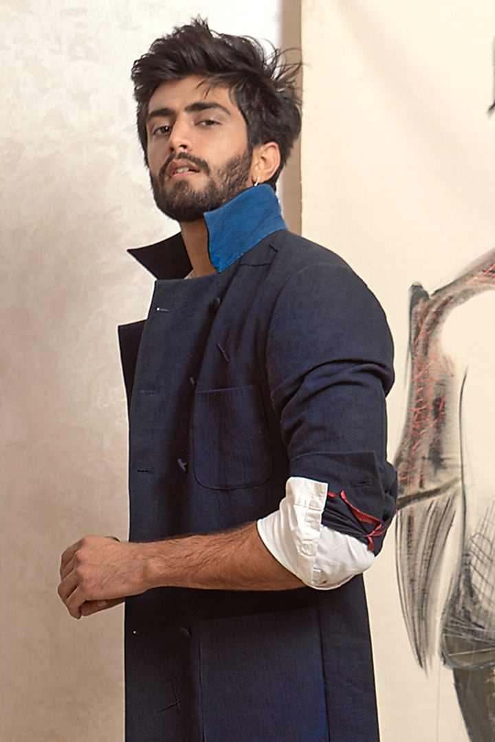 Midnight Blue Cotton Linen Overcoat by Jatin Malik at Pernia's Pop Up Shop