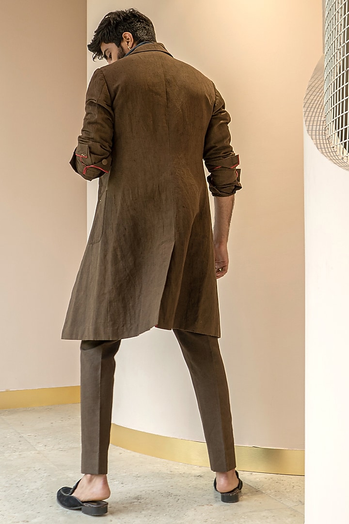 Brown Cotton Linen Overcoat by Jatin Malik at Pernia's Pop Up Shop