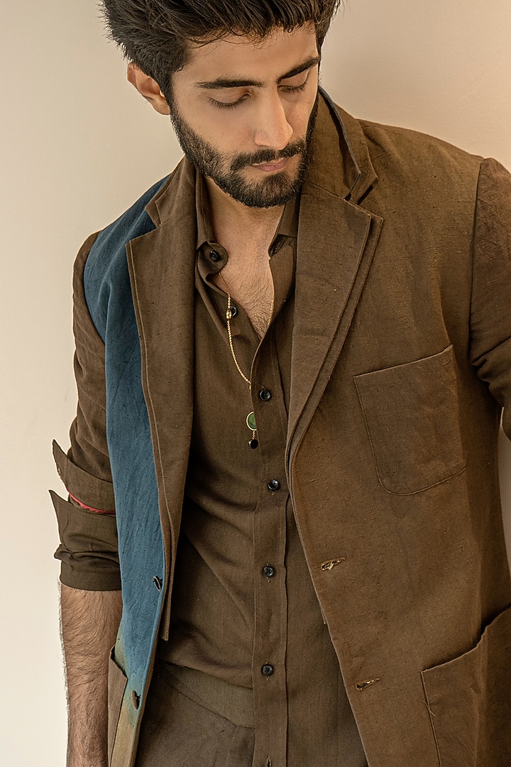 Brown Cotton Linen Overcoat by Jatin Malik at Pernia's Pop Up Shop
