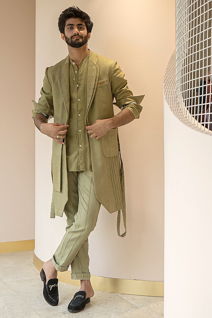 Sage Green Cotton Linen Overcoat With Belt by Jatin Malik