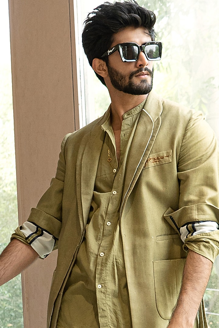 Sage Green Cotton Linen Overcoat With Belt by Jatin Malik at Pernia's Pop Up Shop