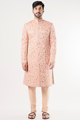 Peach Linen Silk Embroidered Sherwani Set by Jatin Malik