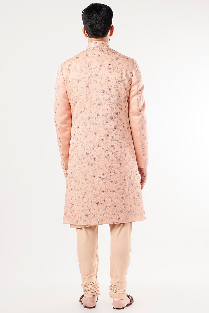 Peach Linen Silk Embroidered Groom Sherwani Set by Jatin Malik at Pernia's Pop Up Shop