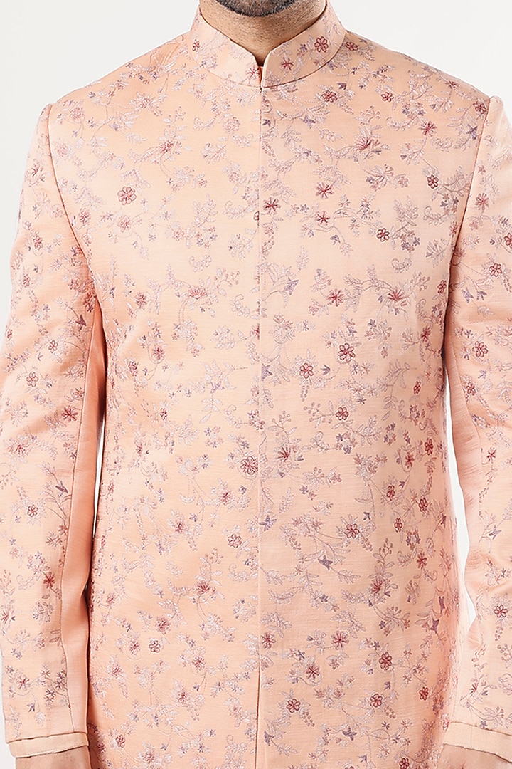 Peach Linen Silk Embroidered Groom Sherwani Set by Jatin Malik at Pernia's Pop Up Shop