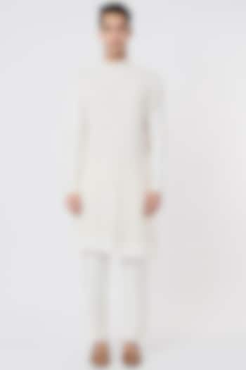 White Slub Silk Kurta Set by Jatin Malik