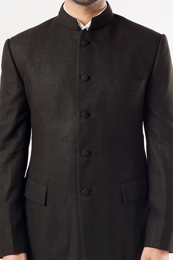 Black Matka Silk Wedding Bandhgala Jacket Set by Jatin Malik at Pernia's Pop Up Shop