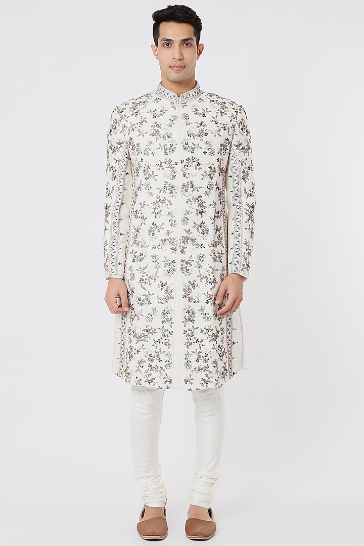 Ivory Embroidered Groom Sherwani Set by Jatin Malik at Pernia's Pop Up Shop