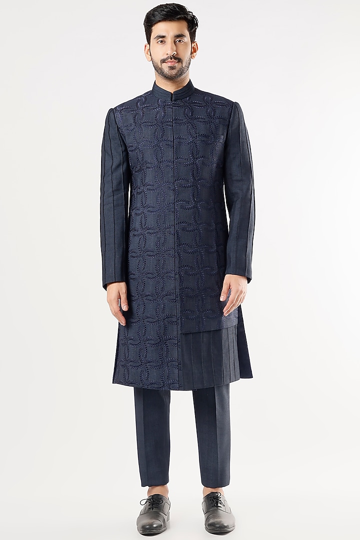 Midnight Blue Embroidered Achkan Set by Jatin Malik at Pernia's Pop Up Shop