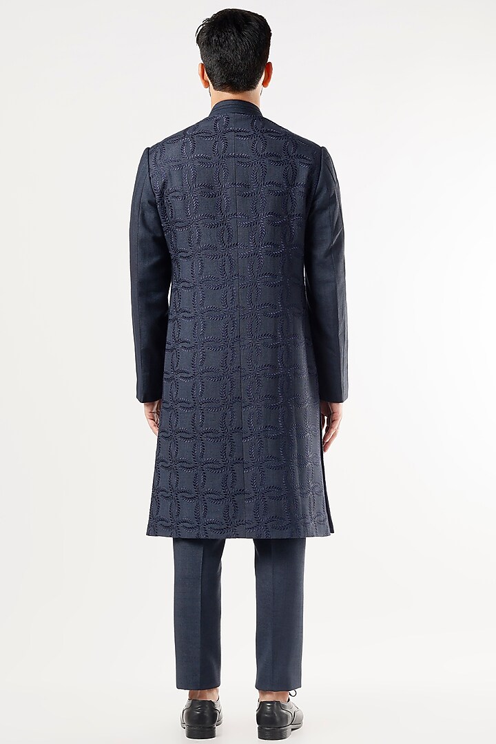Midnight Blue Embroidered Achkan Set by Jatin Malik at Pernia's Pop Up Shop