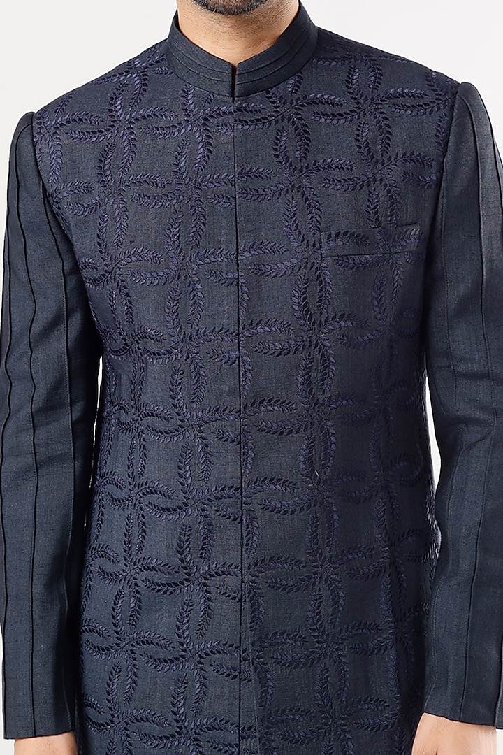 Midnight Blue Embroidered Achkan Set by Jatin Malik at Pernia's Pop Up Shop