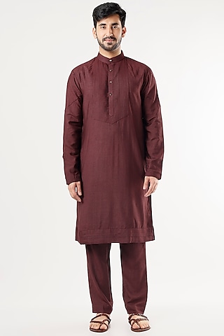 Wine Slub Silk Kurta Set by Jatin Malik
