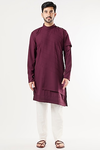 Wine Rayon Kurta Set by Jatin Malik