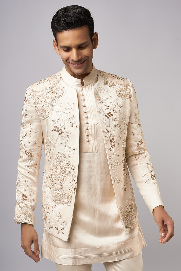 Light Pink Linen Silk Embroidered Groom Indowestern Set by Jatin Malik at Pernia's Pop Up Shop