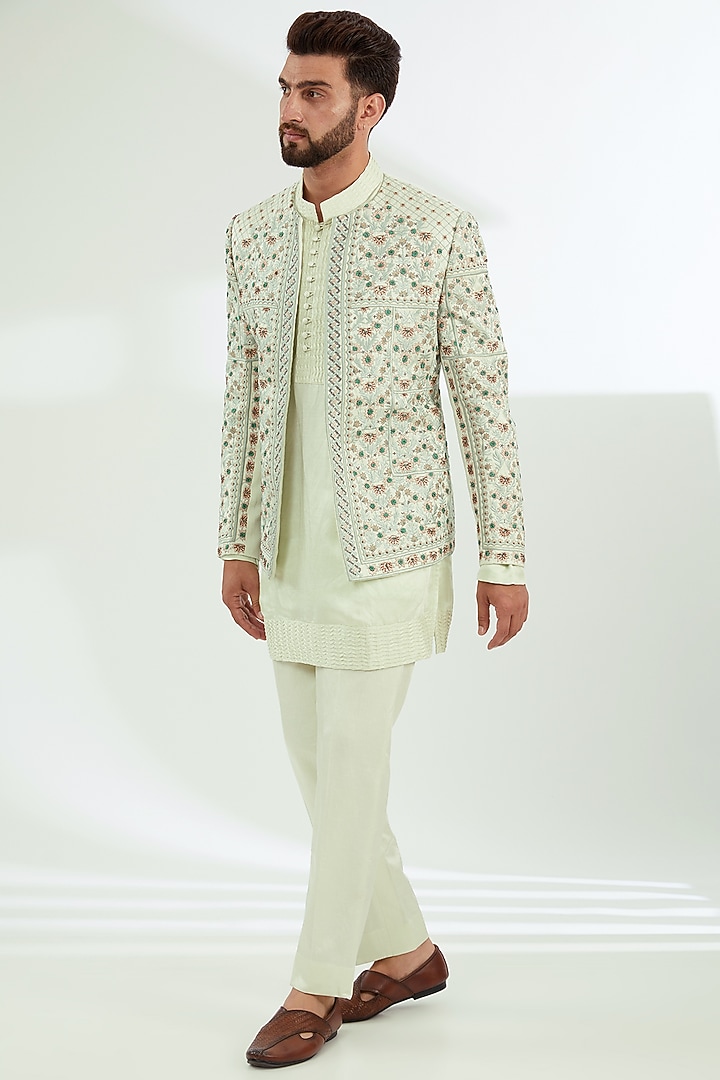 Mint Green Linen Silk Hand Embroidered Kashmiri Jamawar Groom Indowestern Jacket Set by Jatin Malik at Pernia's Pop Up Shop