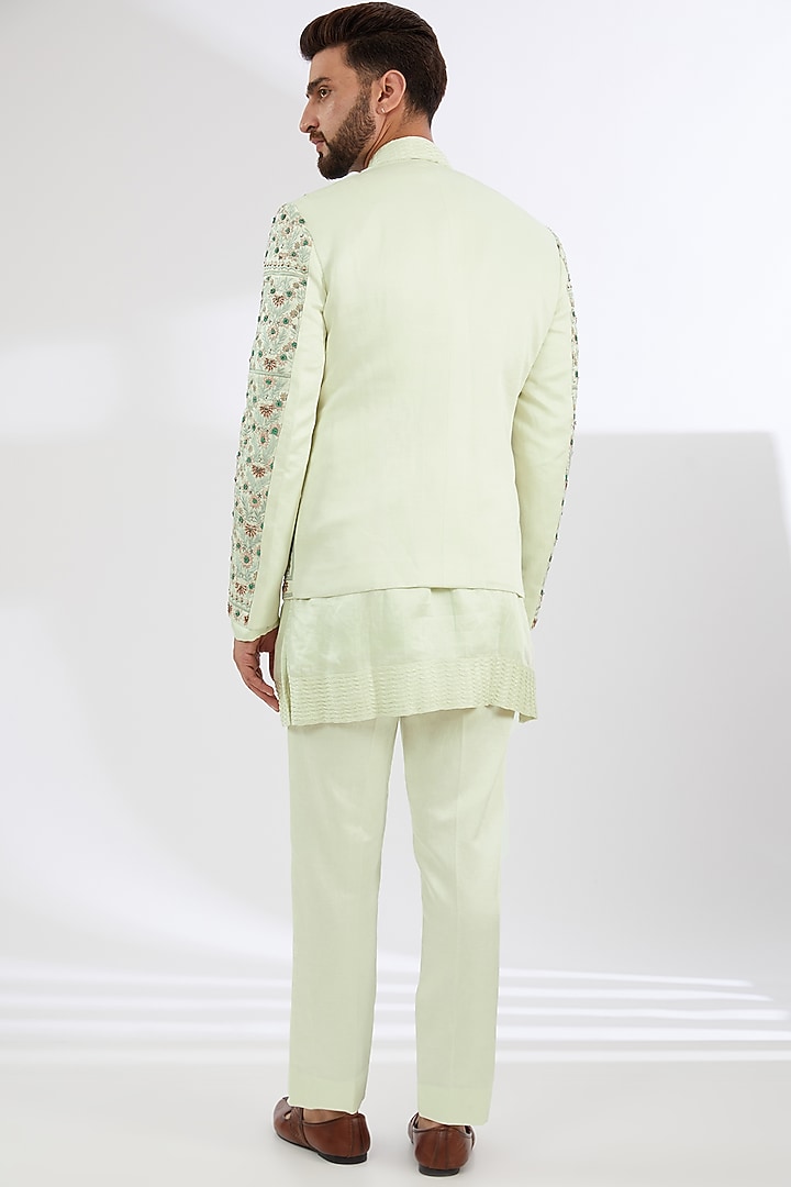 Mint Green Linen Silk Hand Embroidered Kashmiri Jamawar Groom Indowestern Jacket Set by Jatin Malik at Pernia's Pop Up Shop