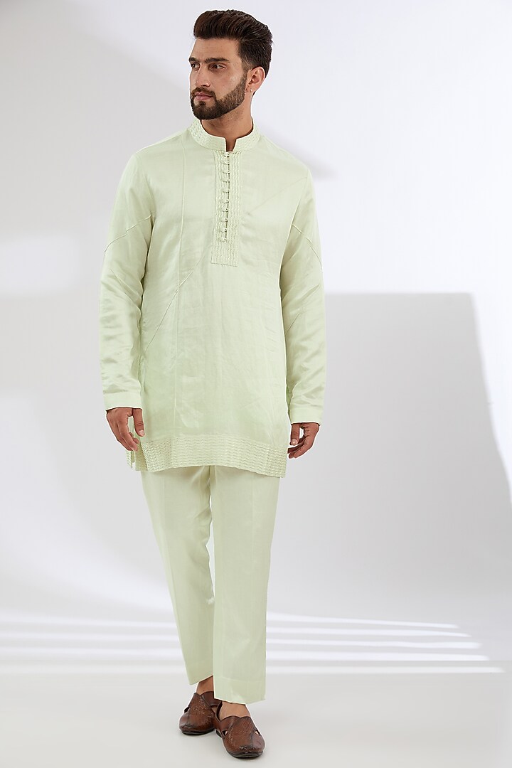 Mint Green Linen Silk Hand Embroidered Kashmiri Jamawar Groom Indowestern Jacket Set by Jatin Malik at Pernia's Pop Up Shop