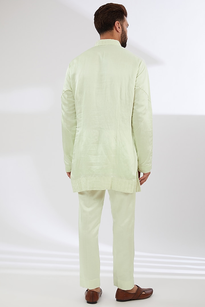Mint Green Linen Silk Hand Embroidered Kashmiri Jamawar Groom Indowestern Jacket Set by Jatin Malik at Pernia's Pop Up Shop