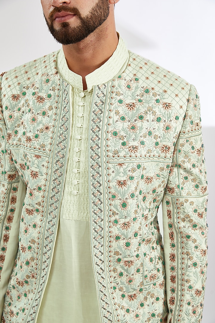 Mint Green Linen Silk Hand Embroidered Kashmiri Jamawar Groom Indowestern Jacket Set by Jatin Malik at Pernia's Pop Up Shop