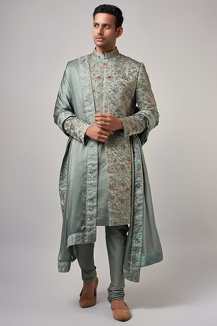 Chateau Grey Linen Silk Applique Hand Embroidered Groom Sherwani Set by Jatin Malik at Pernia's Pop Up Shop